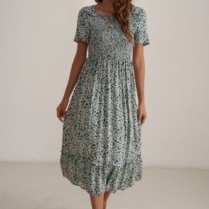 Floral Short Sleeve Square Neck Shirring Ruffle Tiered Midi Dress